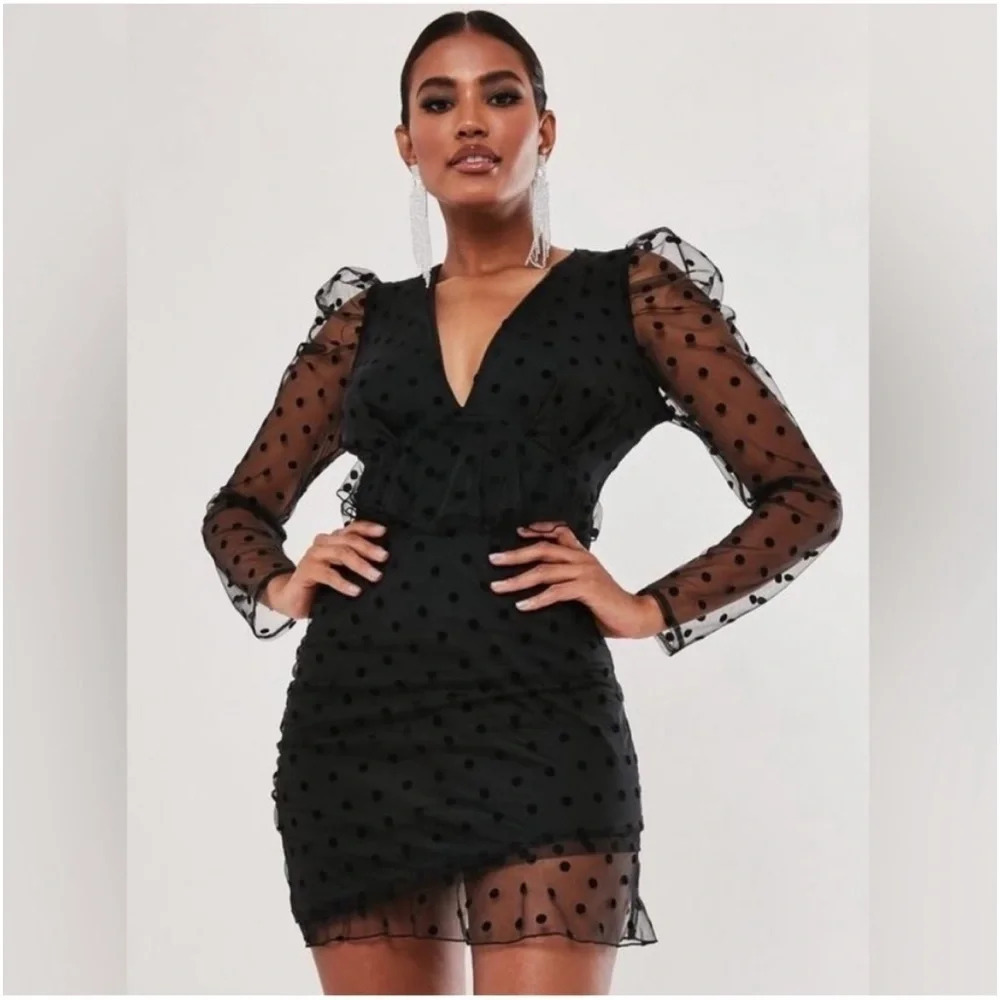 Missguided Black Dobby Milkmaid Vneck Polka Dot Frill Mini Dress,Women’s Size 10 - Picture 2 of 9